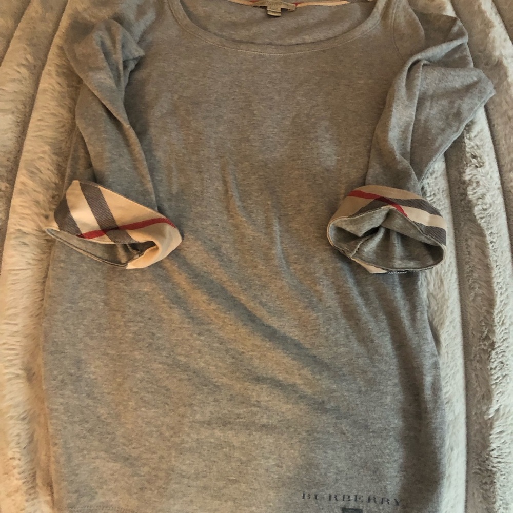 Burberry Gray Long Sleeve Top with Plaid Accents